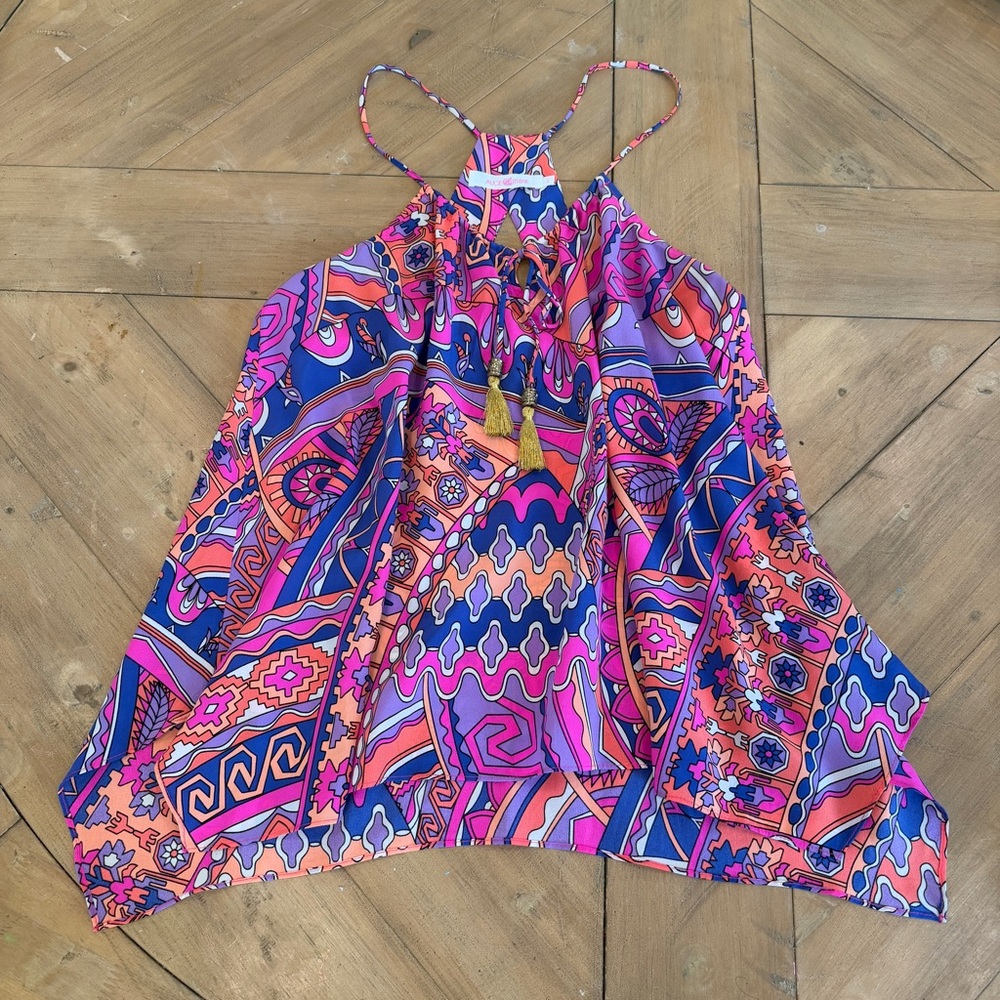 Alice and Trixie Vibrant Multicolor Sleeveless Strappy Blouse Small 100% Silk